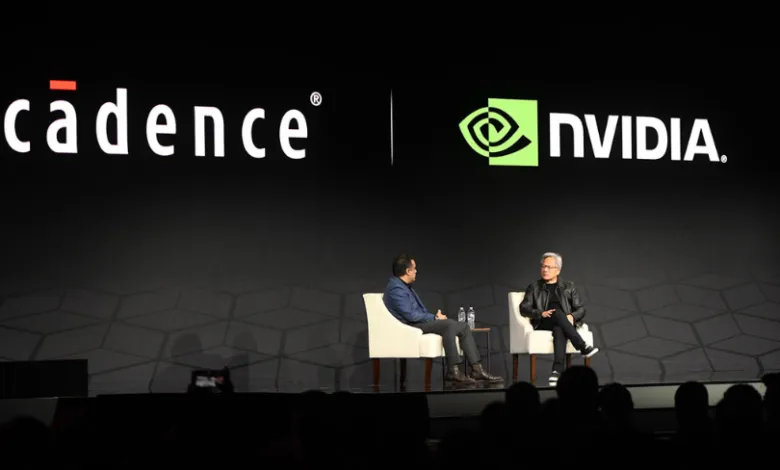 Cadence and Nvidia logos displayed on stage with two men seated in chairs.
