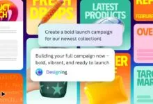 Canva design interface showcasing product launch campaign creation with vibrant graphics.