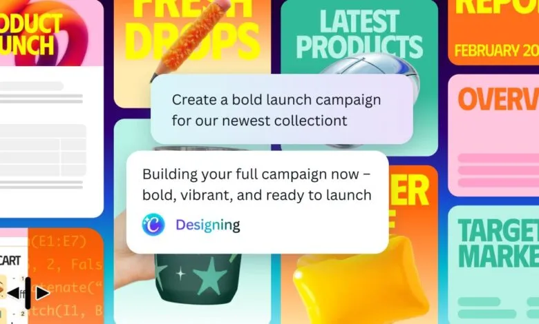 Canva design interface showcasing product launch campaign creation with vibrant graphics.