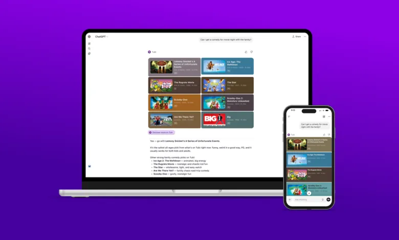 ChatGPT suggests family comedies on Tubi, displayed on laptop and phone.
