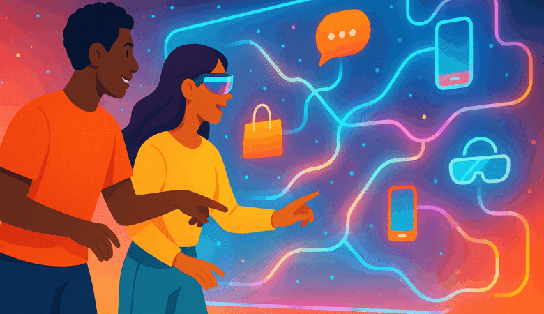 Two people interact with a digital customer journey map with icons.