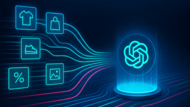 ChatGPT powering e-commerce with clothing, shoe, and shopping bag icons.