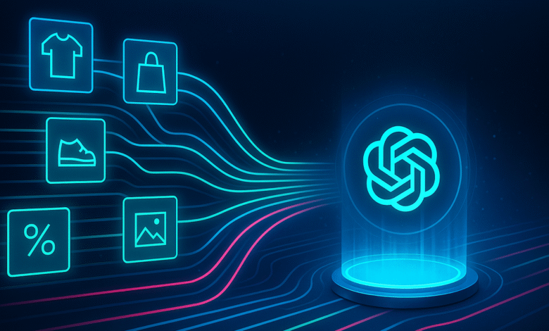 ChatGPT powering e-commerce with clothing, shoe, and shopping bag icons.