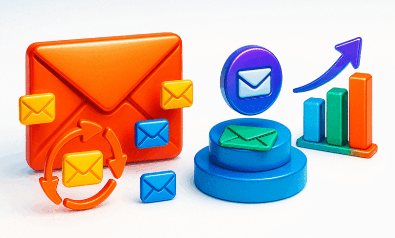 3D render of email marketing elements: envelope, arrows, and growth chart.