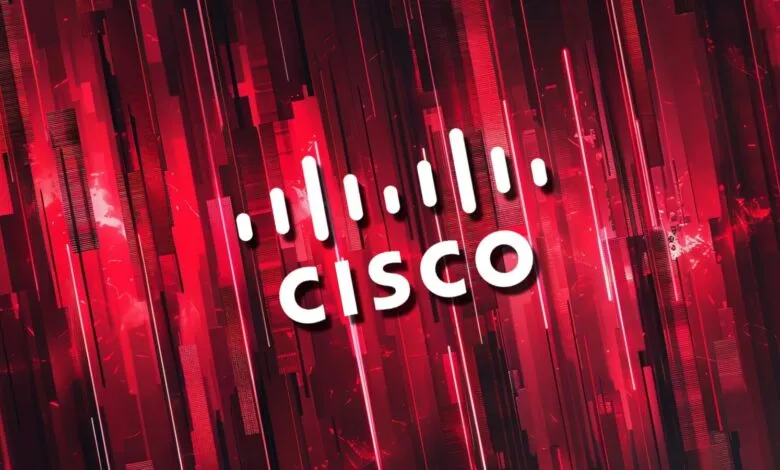 Cisco logo in white against a red abstract background.