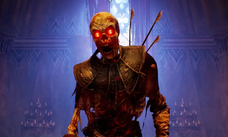 Undead warrior with glowing red eyes and arrows in its back stands in a castle.