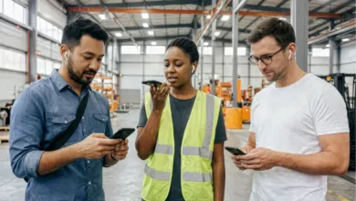Three people using smartphones in a warehouse setting, wearing earbuds.