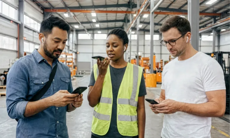 Three people using smartphones in a warehouse setting, wearing earbuds.