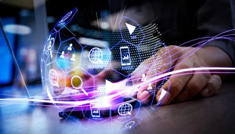 Person using smartphone with digital marketing icons overlayed.