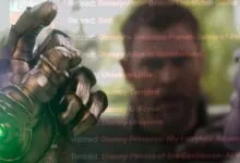 Thanos' gauntlet with a green infinity stone, overlaid with a list of retired Disney games.