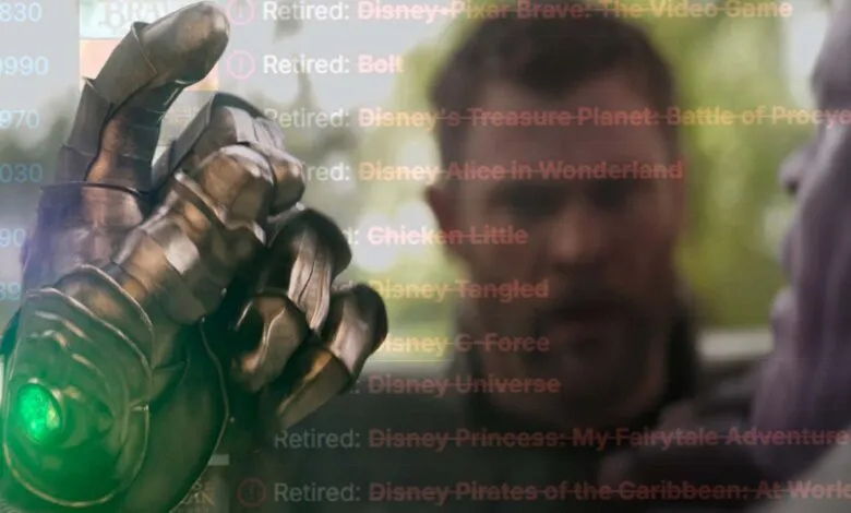 Thanos' gauntlet with a green infinity stone, overlaid with a list of retired Disney games.