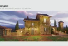 Rendered Tuscan villa with stone walls, green shutters, and lush landscaping.