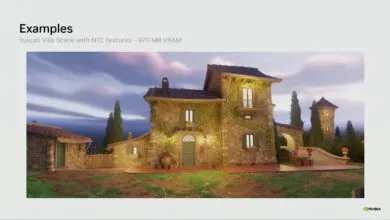 Rendered Tuscan villa with stone walls, green shutters, and lush landscaping.