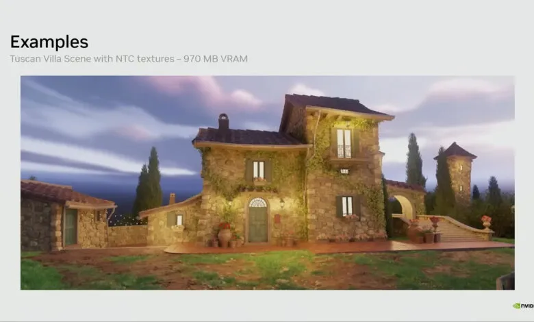 Rendered Tuscan villa with stone walls, green shutters, and lush landscaping.