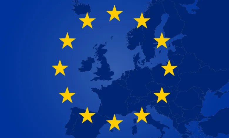 Map of Europe overlaid with the EU flag featuring twelve yellow stars.