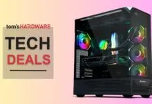 Gaming PC with RGB fans and Tom's Hardware Tech Deals promotion.