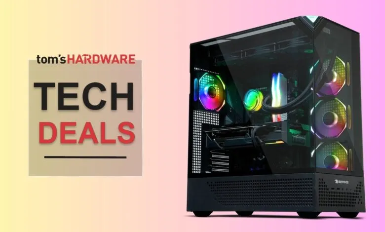 Gaming PC with RGB fans and Tom's Hardware Tech Deals promotion.