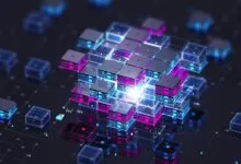 Abstract digital cube structure with glowing nodes and circuit patterns.