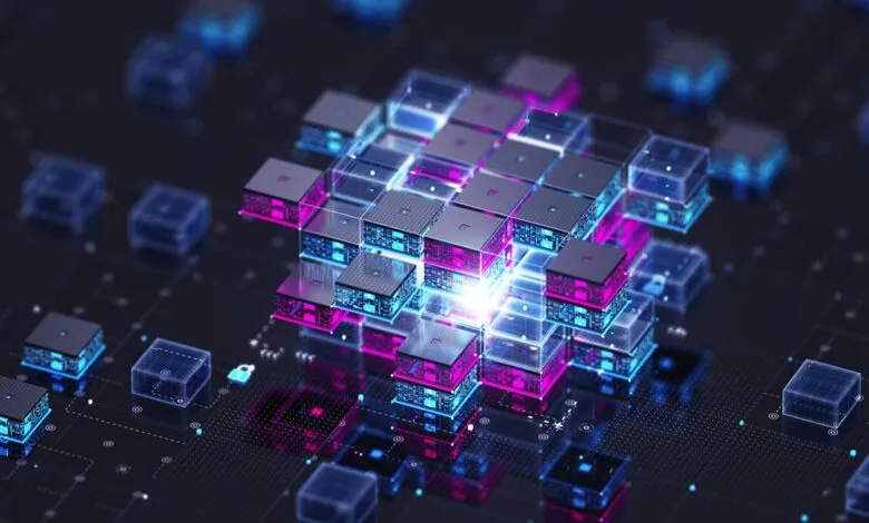 Abstract digital cube structure with glowing nodes and circuit patterns.