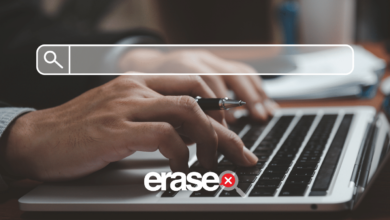 Hands typing on laptop with search bar overlay and 'erase' logo.