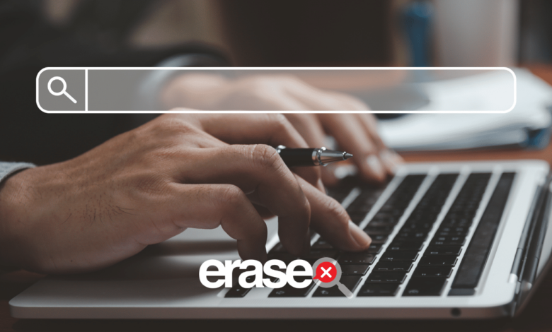 Hands typing on laptop with search bar overlay and 'erase' logo.
