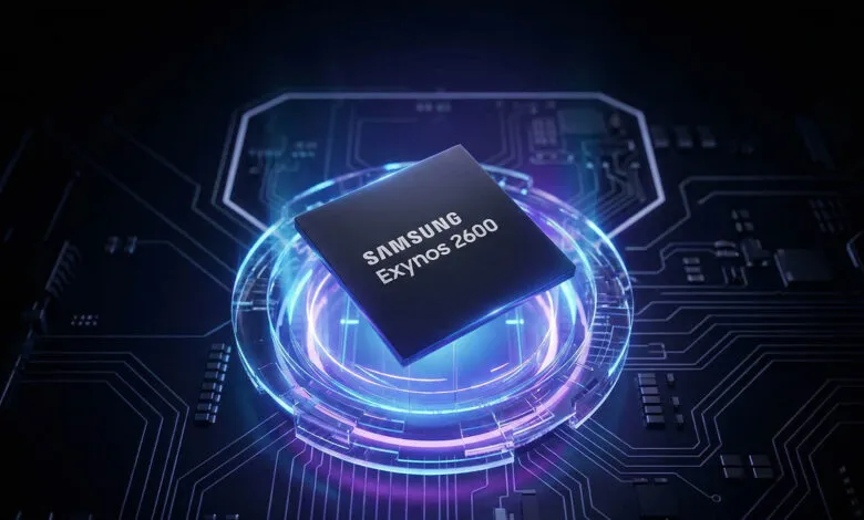 Samsung Exynos 2600 chip on a circuit board with glowing blue accents.