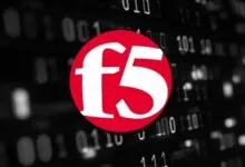 F5 Networks logo in red circle against blurred binary code background.