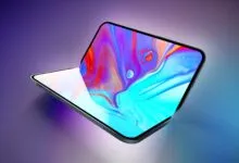 Foldable phone with vibrant, colorful screen on a gradient background.