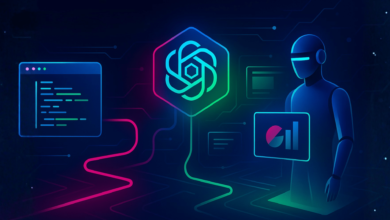 Futuristic image of AI agent with code, OpenAI logo, and data visualization.