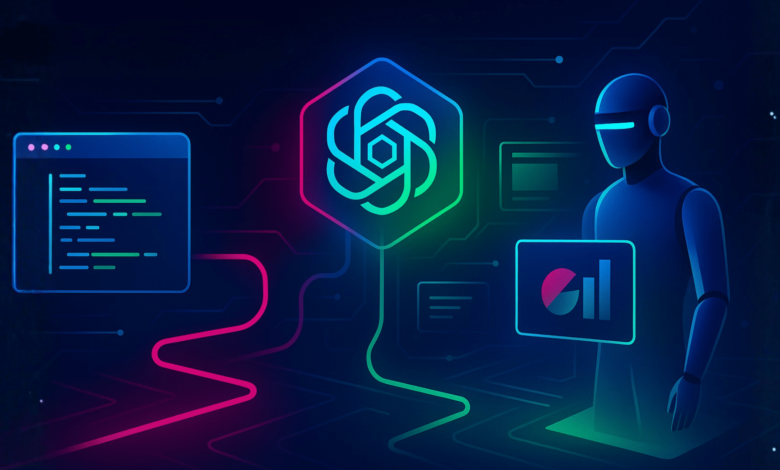 Futuristic image of AI agent with code, OpenAI logo, and data visualization.