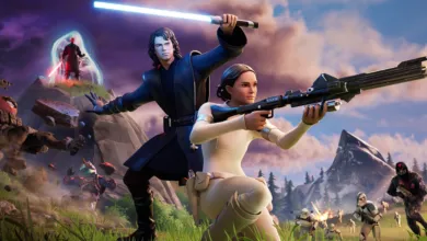 Anakin Skywalker and Padmé Amidala in Fortnite, battling enemies with lightsaber and blaster.