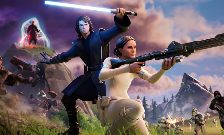 Anakin Skywalker and Padmé Amidala in Fortnite, battling enemies with lightsaber and blaster.