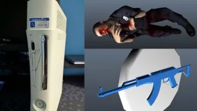 Xbox 360 dev kit with GTA IV assets: dead cop and blue AK-47.