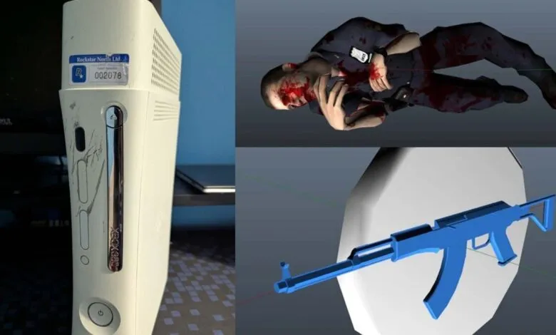 Xbox 360 dev kit with GTA IV assets: dead cop and blue AK-47.