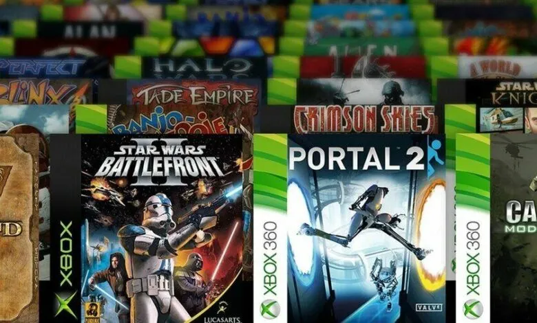 Collection of Xbox and Xbox 360 game cases including Star Wars Battlefront II and Portal 2.