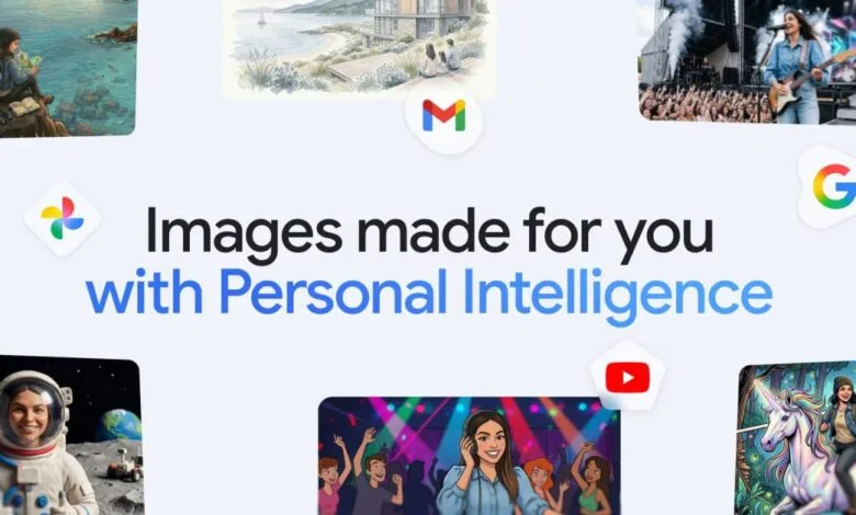 Collage of AI-generated images with text 'Images made for you with Personal Intelligence'.
