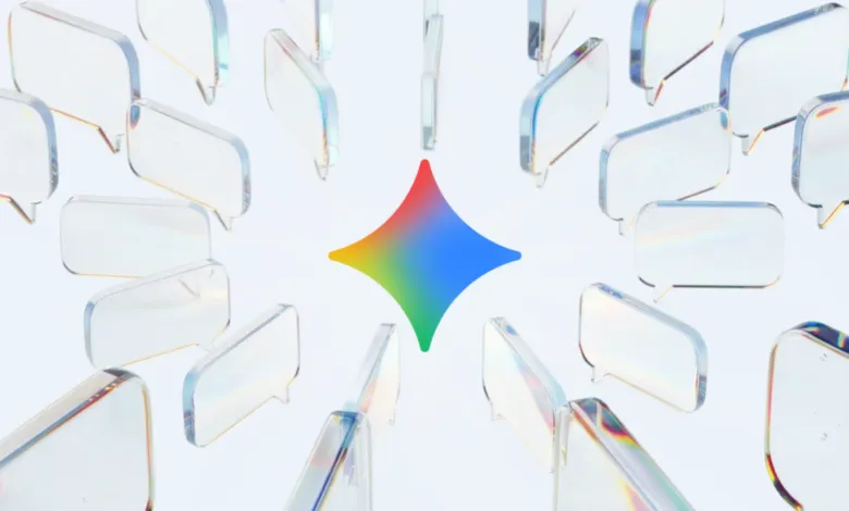 Gemini AI logo surrounded by transparent chat bubbles on a white background.