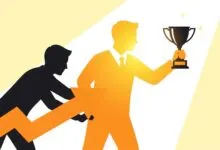 Silhouette pulls arrow as figure holds trophy, symbolizing success.