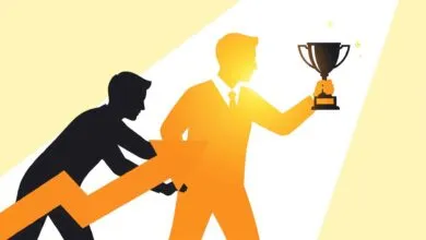 Silhouette pulls arrow as figure holds trophy, symbolizing success.