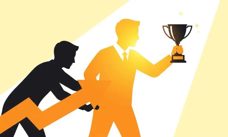 Silhouette pulls arrow as figure holds trophy, symbolizing success.