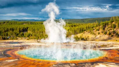 Grand Prismatic Spring in Yellowstone with colorful rings and rising steam.