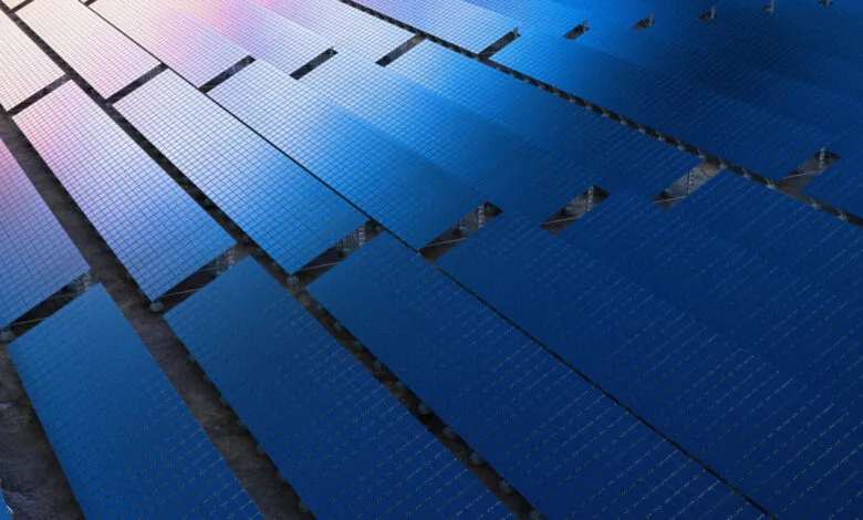 Aerial view of rows of blue solar panels in a field.