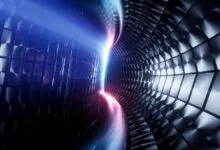 Abstract tunnel with blue and pink light streaks on textured walls.