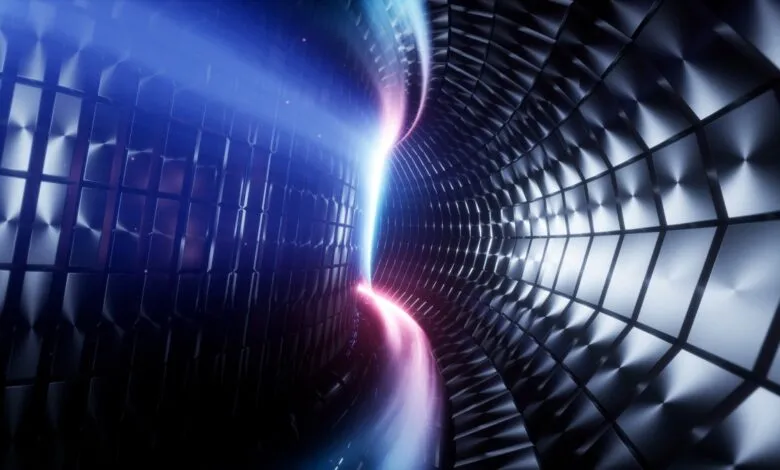 Abstract tunnel with blue and pink light streaks on textured walls.