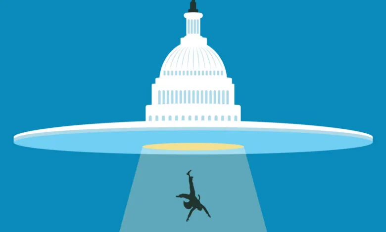 UFO shaped like White House abducting a person with a beam of light.