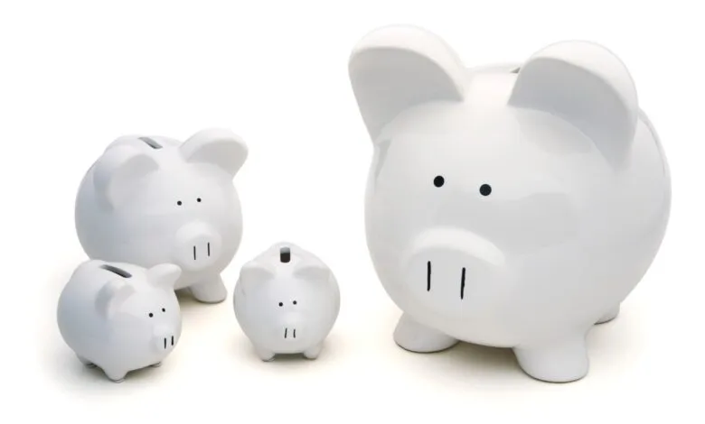 Four white piggy banks of varying sizes on a white background.
