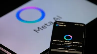 Meta AI app displayed on phone and tablet screens, unavailable in user's country.