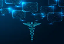 Digital caduceus symbol with chat bubbles, representing AI healthcare.