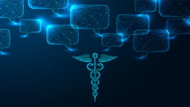 Digital caduceus symbol with chat bubbles, representing AI healthcare.