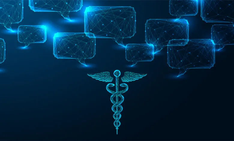 Digital caduceus symbol with chat bubbles, representing AI healthcare.